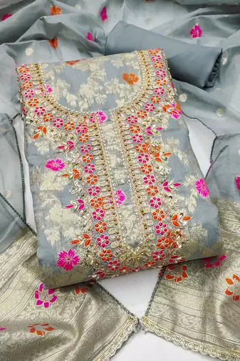 grey banarasi cotton smart ceremonial salwar kameez