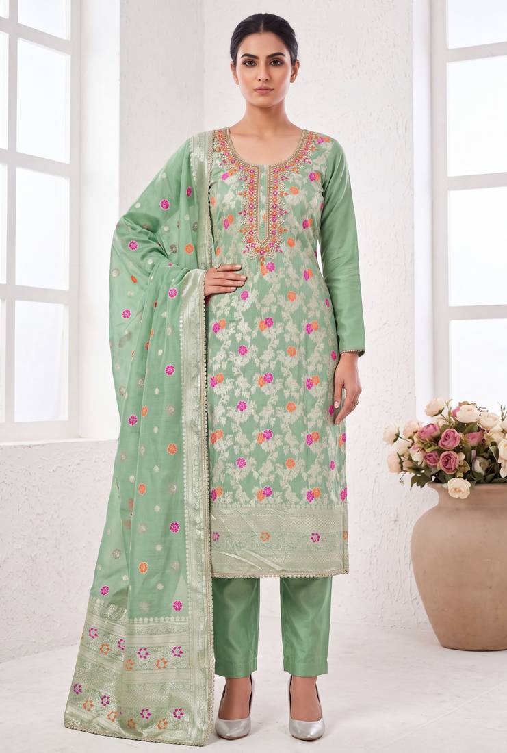 pista banarasi cotton smart ceremonial salwar kameez