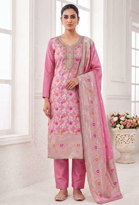 pink banarasi cotton smart ceremonial salwar kameez 1
