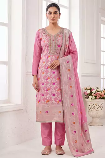 pink banarasi cotton smart ceremonial salwar kameez