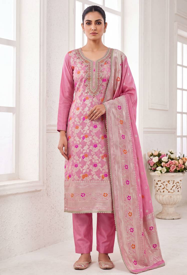 pink banarasi cotton smart ceremonial salwar kameez