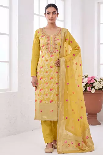 yellow banarasi cotton smart ceremonial salwar kameez