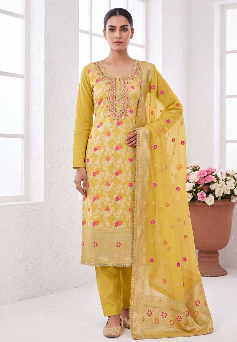 yellow banarasi cotton smart ceremonial salwar kameez