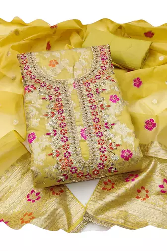 yellow banarasi cotton smart ceremonial salwar kameez