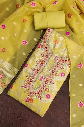 yellow banarasi cotton smart ceremonial salwar kameez