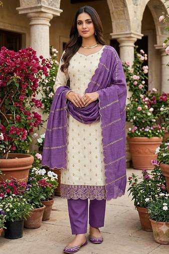 off white vichitra silk fancy partywear suit for girls