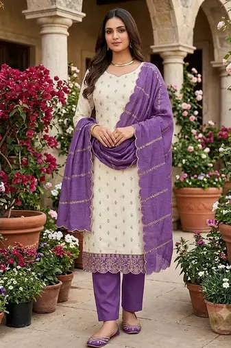 off white vichitra silk fancy partywear suit for girls