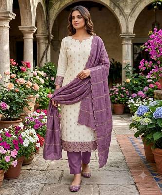 off white vichitra silk fancy partywear suit for girls 1