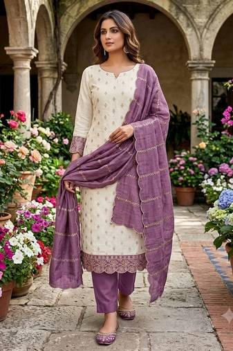 off white vichitra silk fancy partywear suit for girls