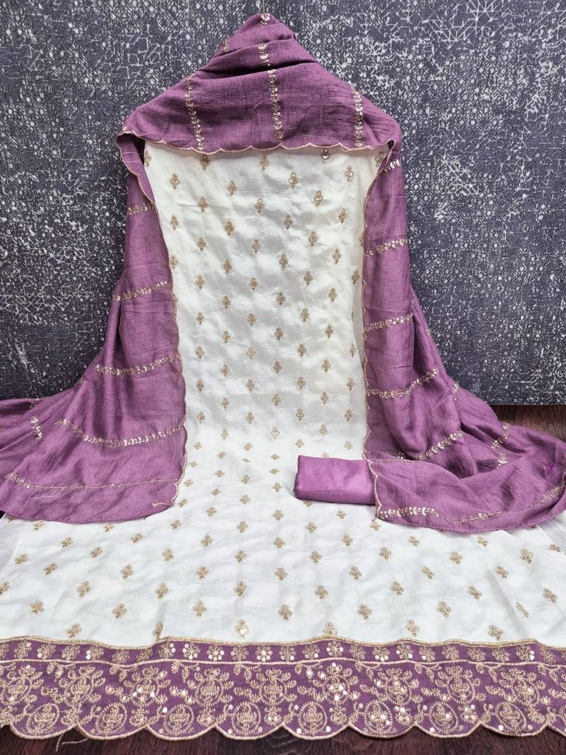 off white vichitra silk fancy partywear suit for girls