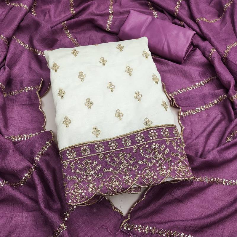 off white vichitra silk fancy partywear suit for girls