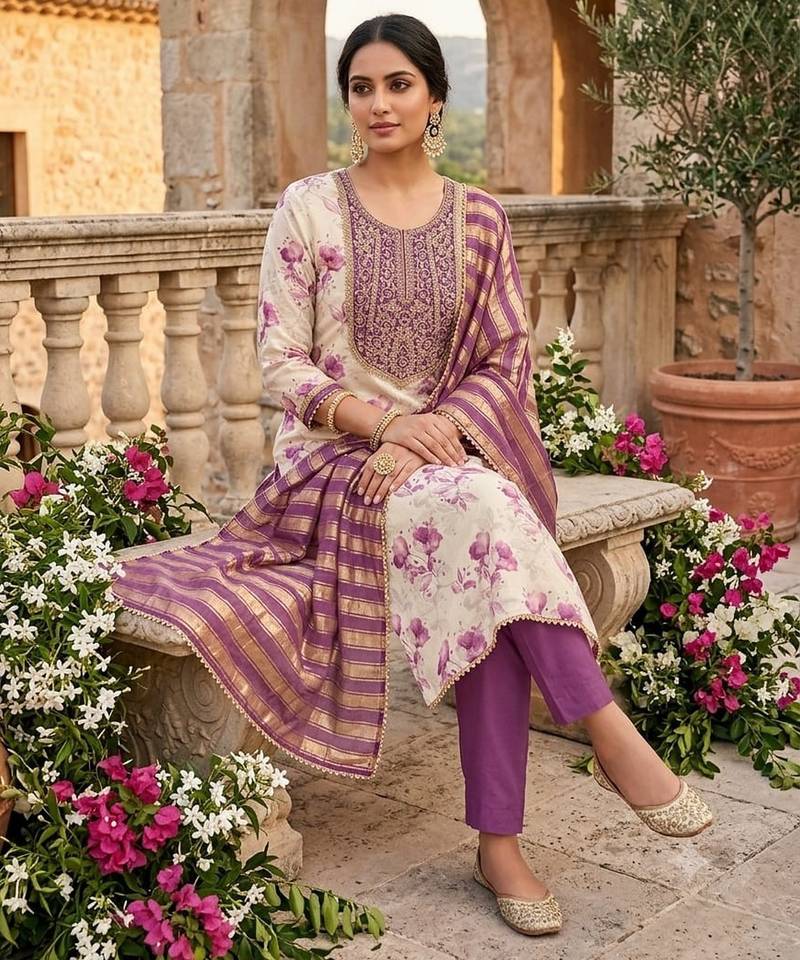off white ethnic shimmer fabric salwar kameez for girls