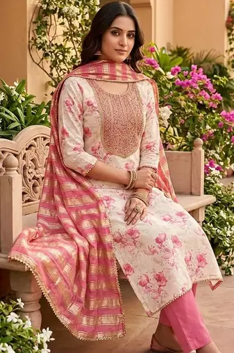 off white ethnic shimmer fabric salwar kameez for girls