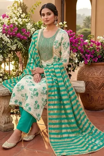 off white ethnic shimmer fabric salwar kameez for girls