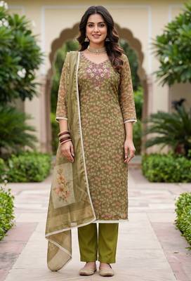 olive shimmer linen ethnic partywear salwar kameez 1