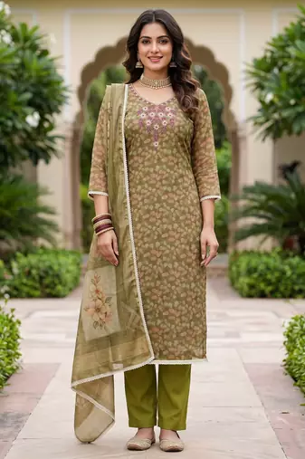 olive shimmer linen ethnic partywear salwar kameez