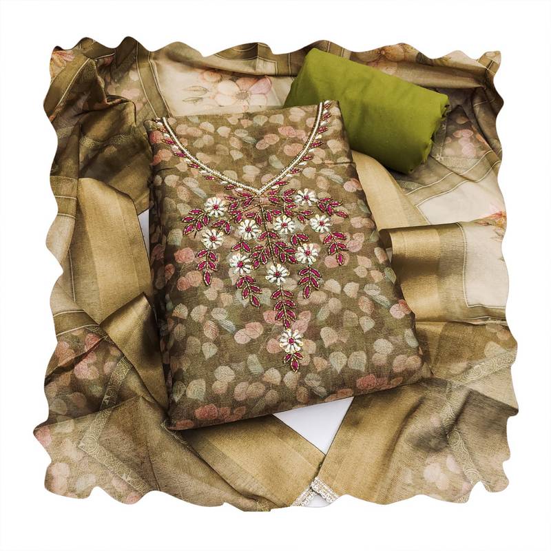 olive shimmer linen ethnic partywear salwar kameez