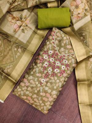 olive shimmer linen ethnic partywear salwar kameez 3
