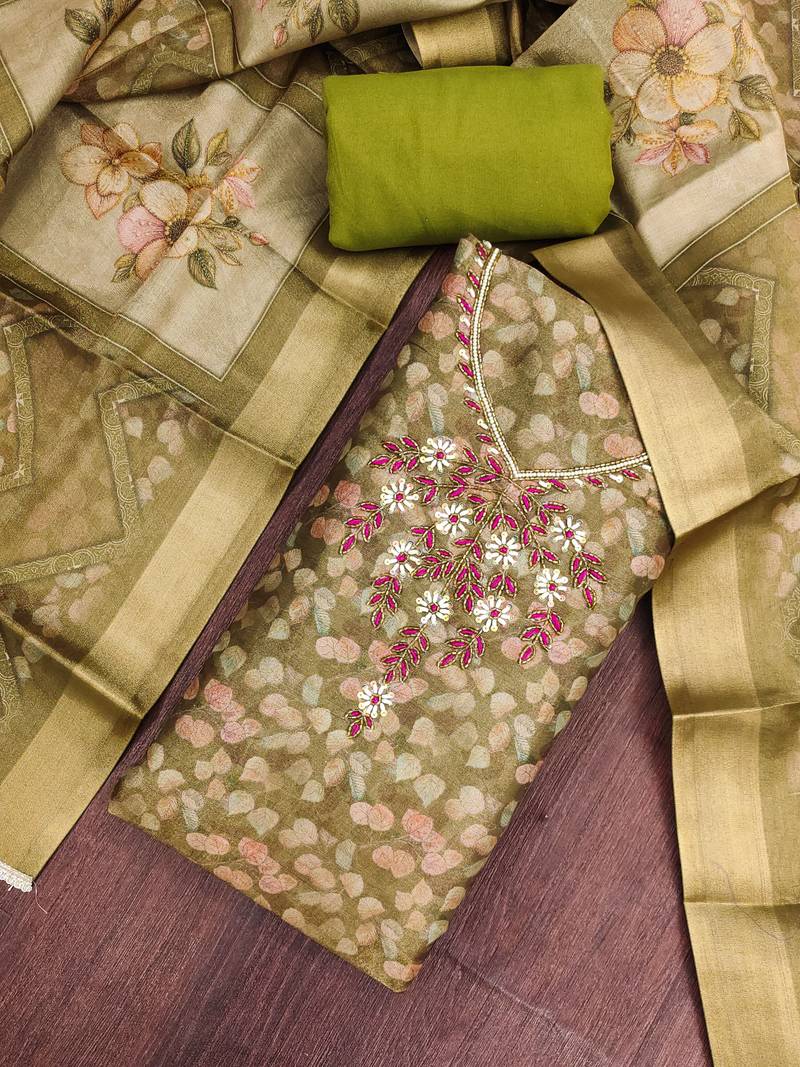 olive shimmer linen ethnic partywear salwar kameez