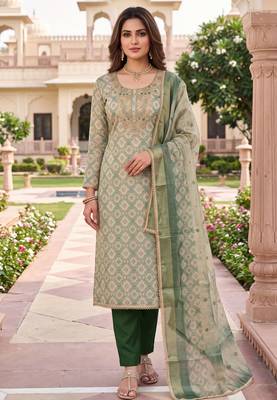 green shimmer linen ethnic partywear salwar kameez 1