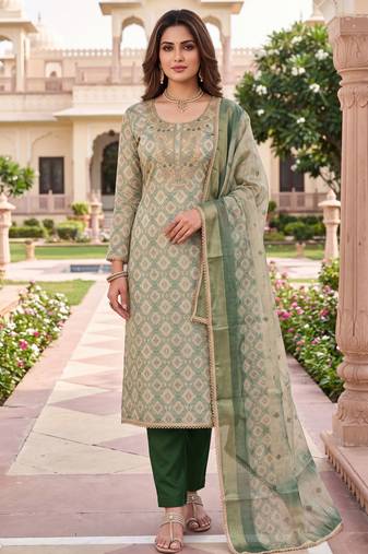green shimmer linen ethnic partywear salwar kameez