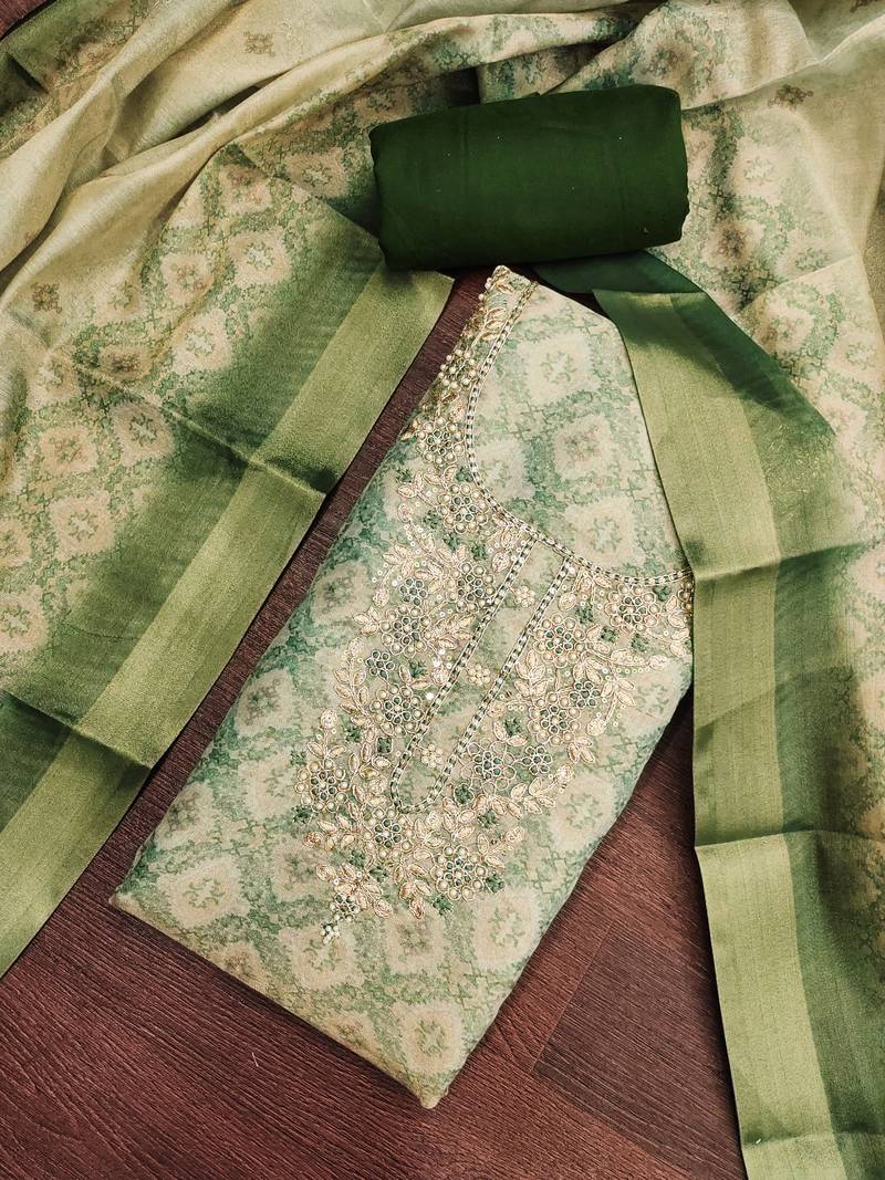 green shimmer linen ethnic partywear salwar kameez