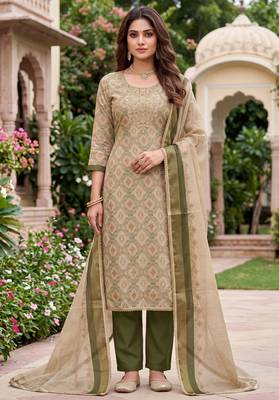 olive shimmer linen ethnic partywear salwar kameez 1