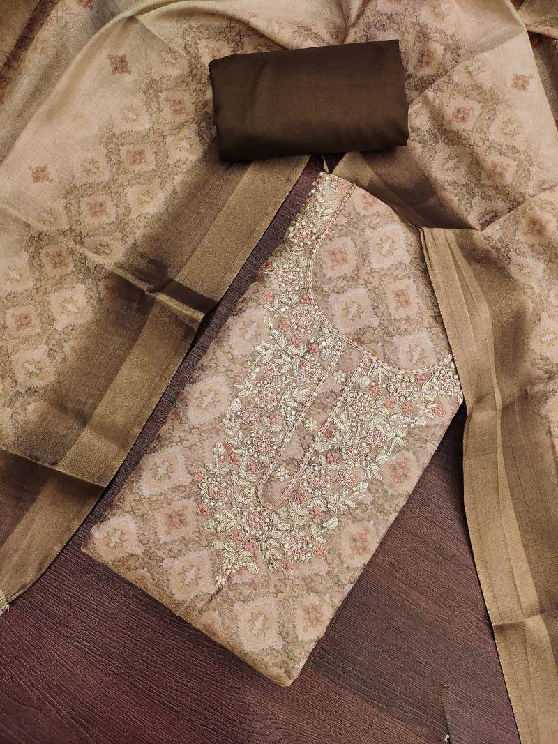 brown shimmer linen ethnic partywear salwar kameez