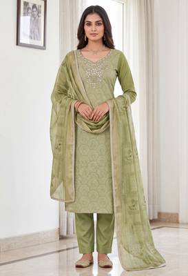 green shimmer linen ethnic partywear salwar kameez 1