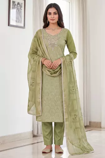 green shimmer linen ethnic partywear salwar kameez