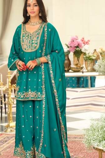 teal embroidered chinon palazzo suit for girls