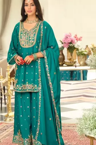 teal embroidered chinon palazzo suit for girls