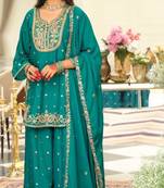teal embroidered chinon palazzo suit for girls