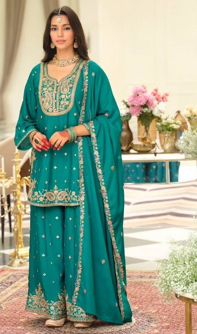 teal embroidered chinon palazzo suit for girls