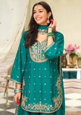 teal embroidered chinon palazzo suit for girls 2