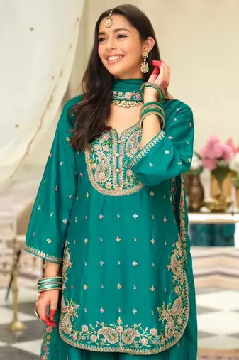 teal embroidered chinon palazzo suit for girls