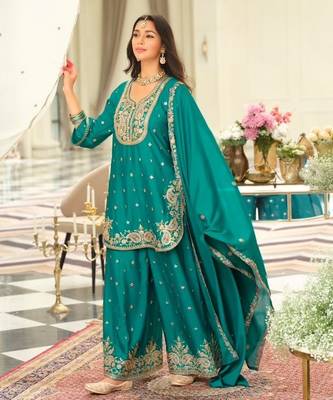 teal embroidered chinon palazzo suit for girls 3