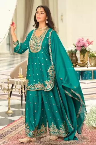teal embroidered chinon palazzo suit for girls