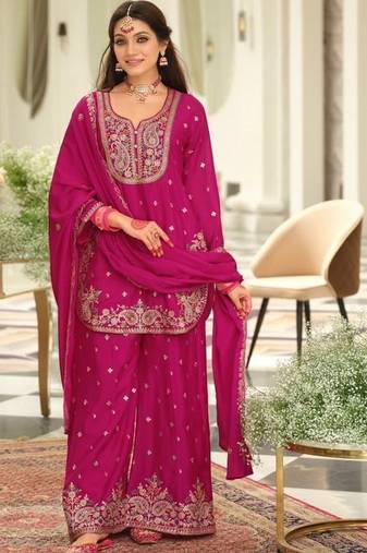 pink embroidered chinon palazzo suit for girls