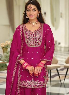 pink embroidered chinon palazzo suit for girls 2