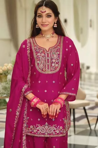 pink embroidered chinon palazzo suit for girls