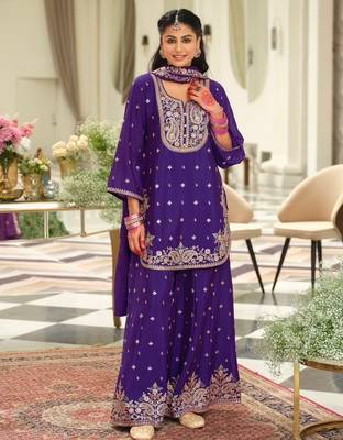 purple embroidered chinon palazzo suit for girls 1