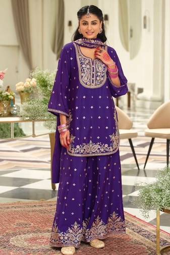 purple embroidered chinon palazzo suit for girls