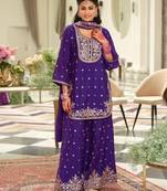 purple embroidered chinon palazzo suit for girls