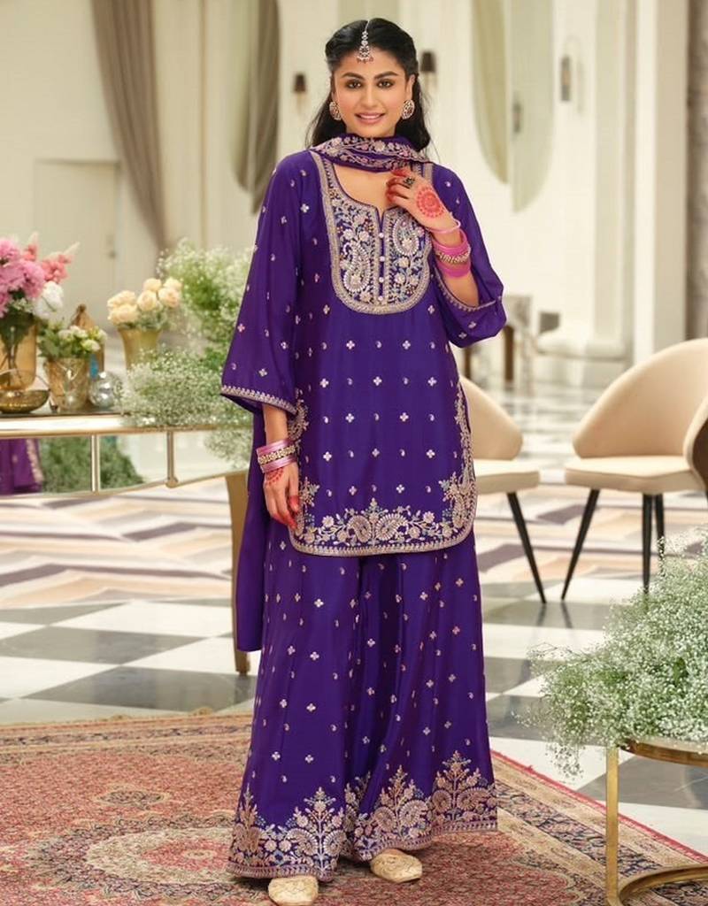 purple embroidered chinon palazzo suit for girls