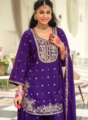 purple embroidered chinon palazzo suit for girls 2