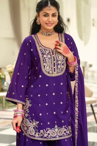 purple embroidered chinon palazzo suit for girls