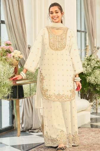 off-white embroidered chinon palazzo suit for girls