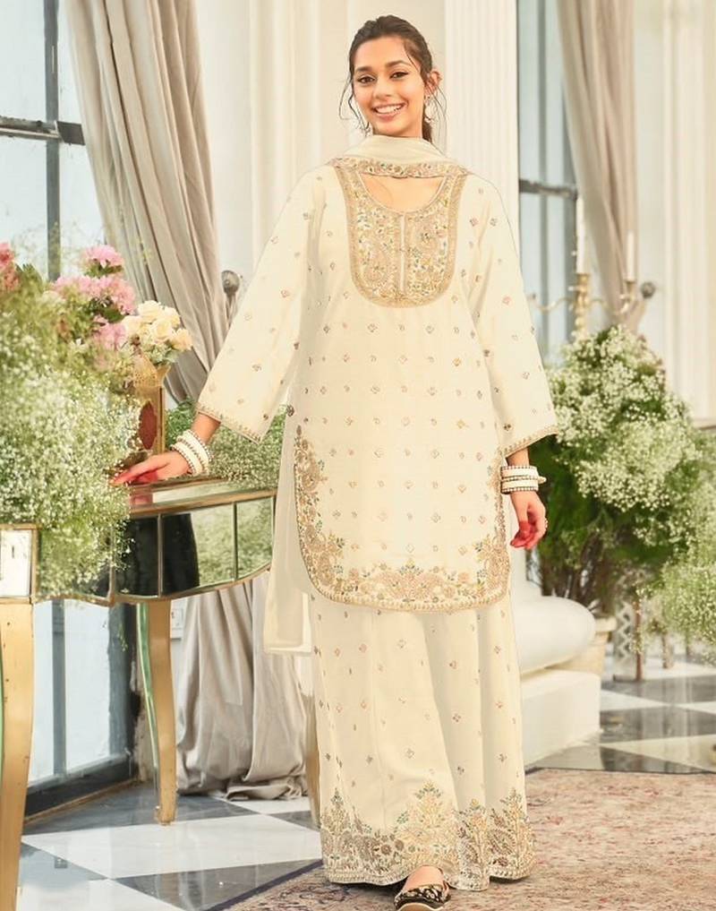 off-white embroidered chinon palazzo suit for girls