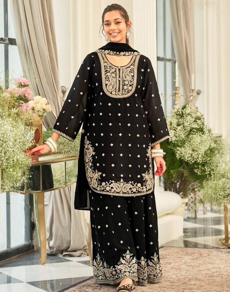 black embroidered chinon palazzo suit for girls